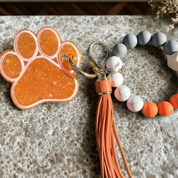Handmade Accessories - Sparkling Orange Paw Keychain with Tassel